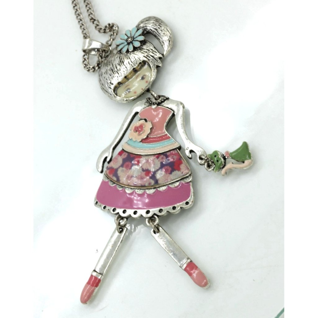 Girl Doll In Pink Dress W/Kitty Pendant Head, Legs, Kitten Hinged 36